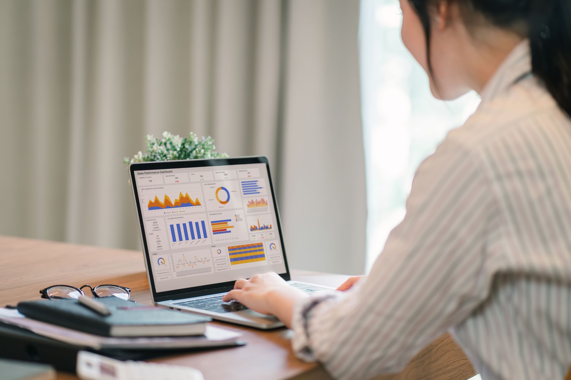 Advisor financial business analytics woman team analyzing data charts, graphs, and a dashboard on laptop screen. Data analysis concept